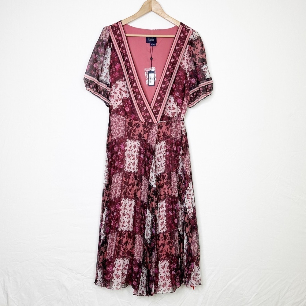 Marchesa Notte size 10 nwt multicolor, chiffon pattern, wrap, pleated midi dress